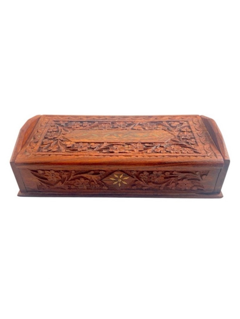 Vintage Ornate Indian Wooden Box Carved Floral Gold Paint Jewelry Trinket Holder